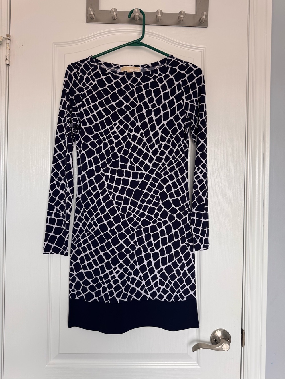 Michael Kors Navy and White Geometric Long Sleeve Shift Dress